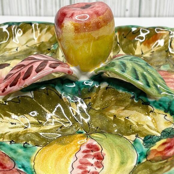 Vintage Italian Hand Painted Pottery Majolica Fruits Leaves Divided Serving Dish - Picture 3 of 13